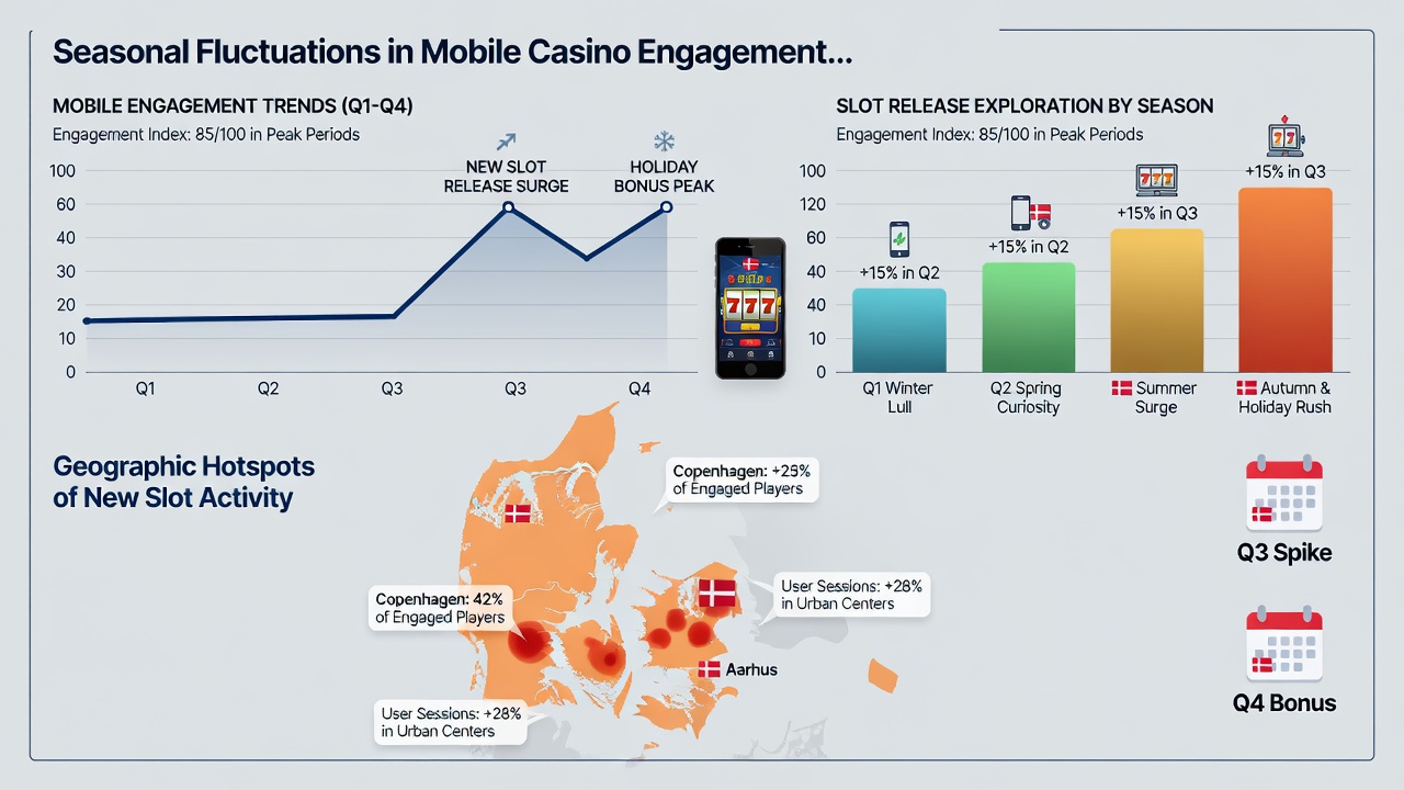 Illustration af danske spillere der interagerer med mobile slots på forskellige tidspunkter af året